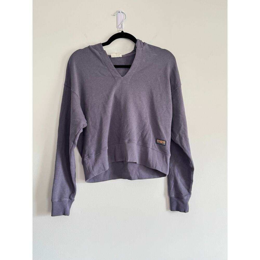 Life is Good Women’s Hoodie Sweatshirt XS Purple French Terry Boxy Pullover NWT